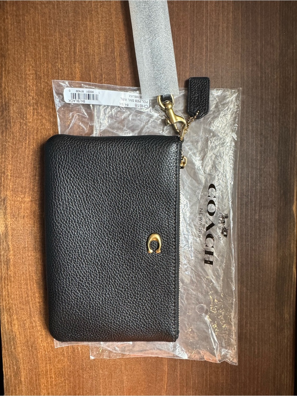 Coach Black Pebbled Leather Zip Wristlet with Gold Hardware